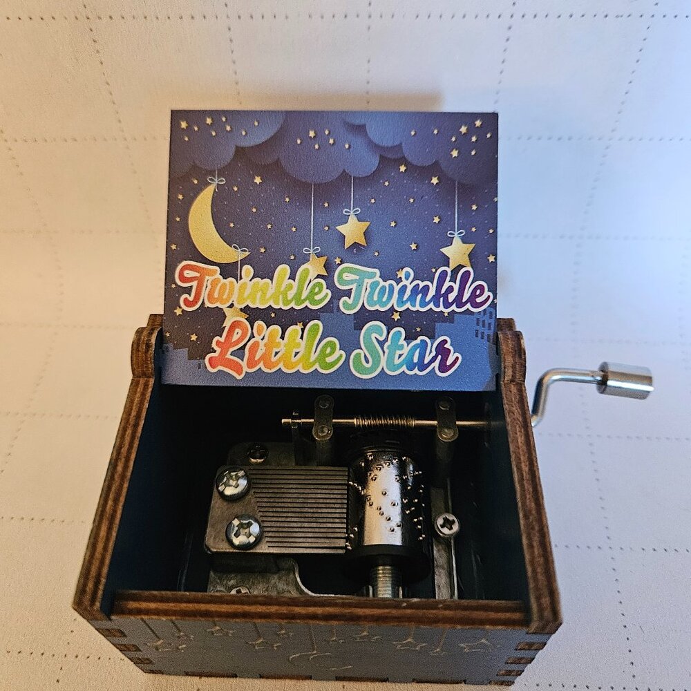 Small, Hand-Cranked Music Box Exposed Internal Metal Musical Movement